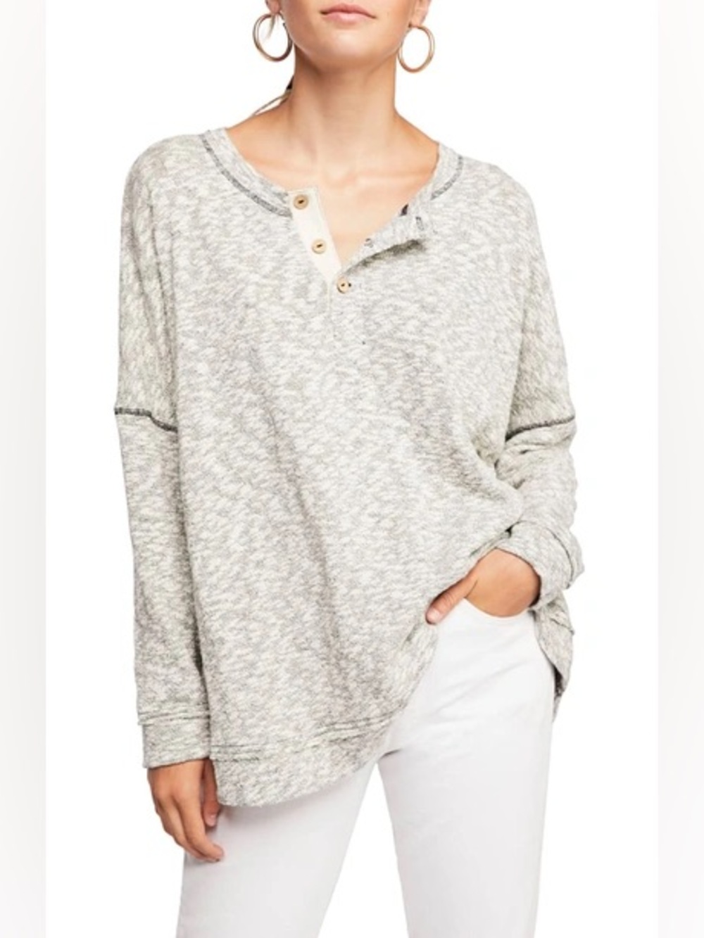Free People Beach Sleep to Dream Knit Top Small Gray Henley Oversized Cozy